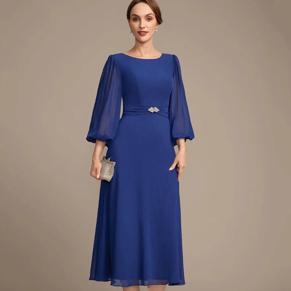 Customized Mother of Dresses Simple A Line Evening Gowns Lantern Sleeve Elegant Crytal Bride Party Dress robes invitée mariage