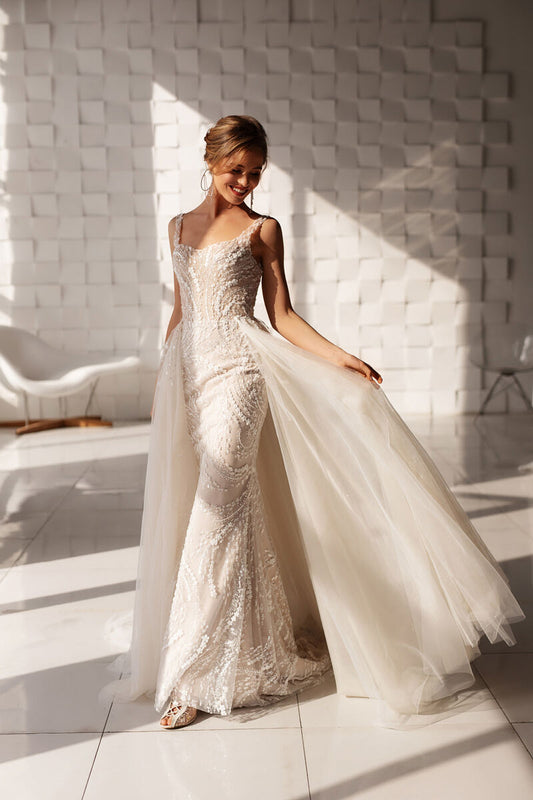 Sirène sexy backless bouton robes de mariée de mariée spaghetti sans manches queue détachable robes de mariée longues vestido de noiva