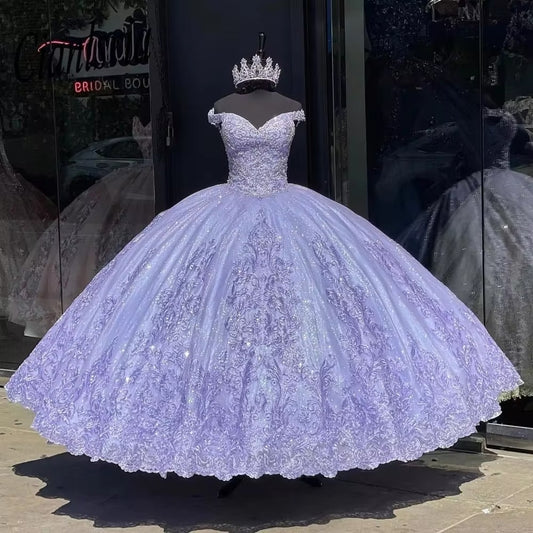 Luxury Glittering Lavender Off-Shoulder Quinceanera Dresses Vestidos De 15 Anos Birthday Party Ball Gown Corset