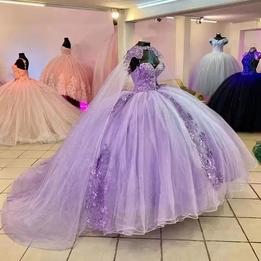 Vestidos De quinceañera lila con capa, flores 3D, apliques De cuentas, Vestidos De 15 años, fiesta De cumpleaños Formal, graduación