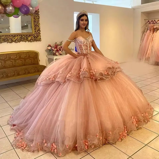 Vestidos De quinceañera brillantes con hombros descubiertos, Vestidos De 15 anos, flores 3D, encaje, Vestidos formales De fiesta De cumpleaños De princesa