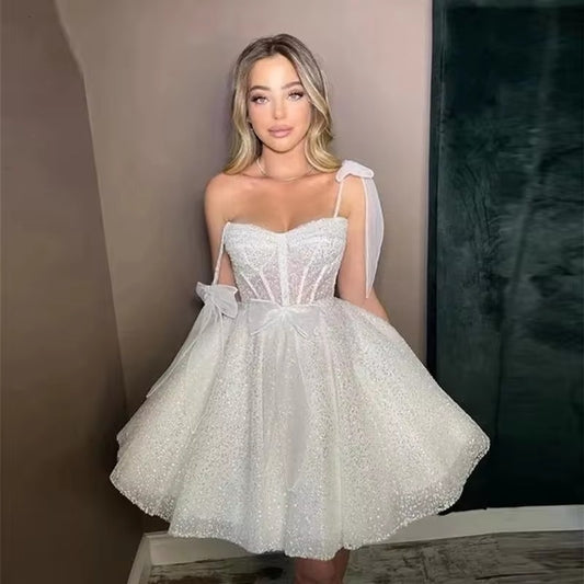 Glitter Dotted Tulle Short Wedding Party Dresses Sweetheart Bow Straps Mini Sexy Women Prom Dress Bride Formal Wear