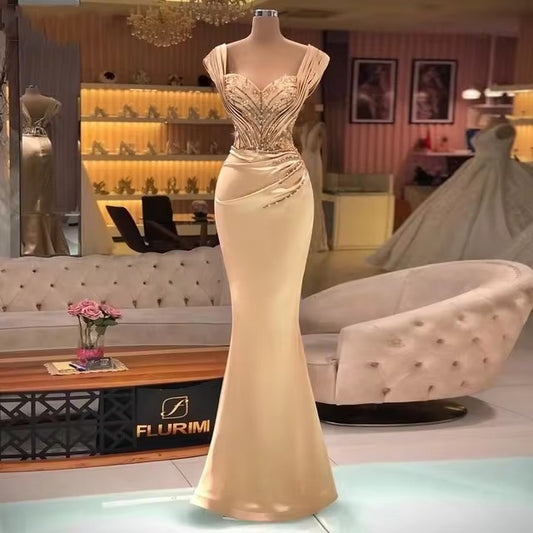 Mermaid Satin Beaded Dubai Evening Dresses Long Pleated Saudi Arabic Formal Women Party Dress Princess Prom Gowns