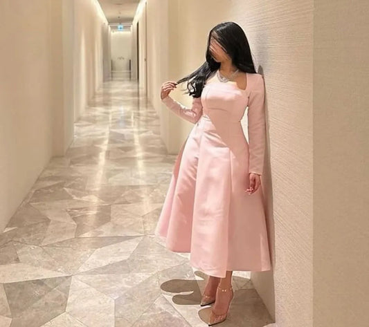 Pink Arabic Prom Dress Gowns Long Sleeves A Line Satin Custom Formal Evening Gown Elegant Party Dress For Women