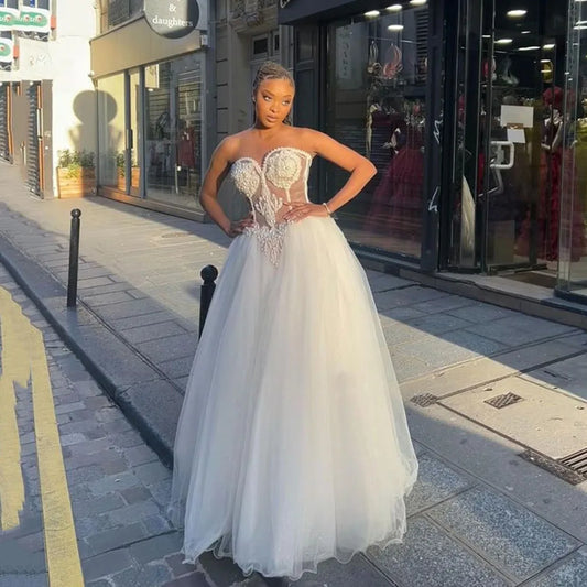 Exquisite Boho Wedding Gowns For Women Strapless Tulle Pearls Bridal Dress Corset Wedding Dresses Custom Made As Picture