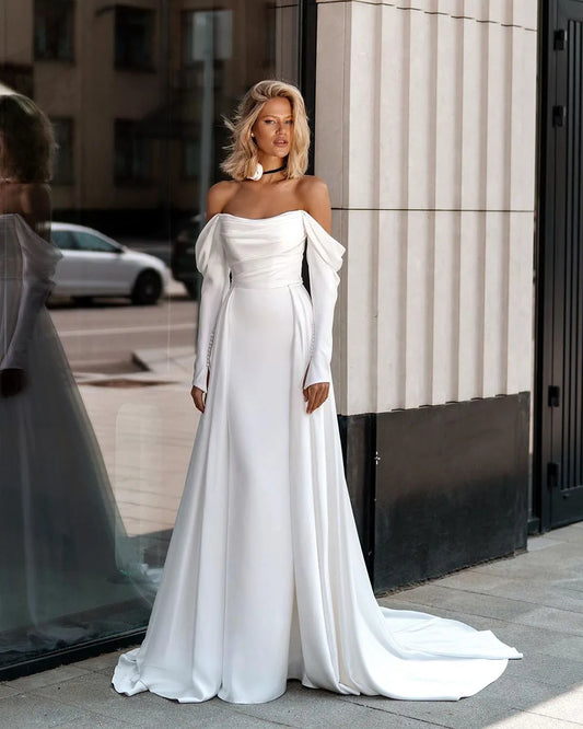 Satin A Line Wedding Dresses With Detachable Train Off The Shoulder Pleats Bride Gowns Women Wedding Gowns Custom