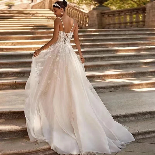 Vestidos De novia De lujo, vestido De novia con cuello cuadrado, Apliques De encaje, vestido De novia sin mangas, batas De boda