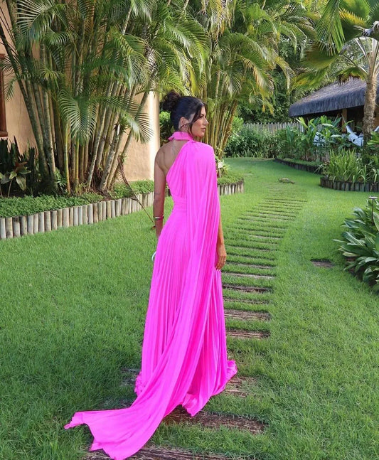 Fuchsia One Shoulder Prom Dress With Draped Sleeves Halter Neck Formal Party Gown Evening Dress vestido de gala