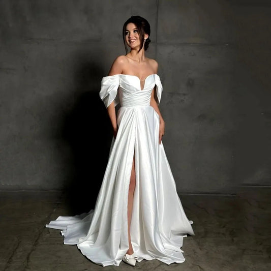 Soft Satin A Line Wedding Dresses Side Slit Simple Off The Shoulder Pleat Custom Made Formal Bridal Gown Rode De Morrie White