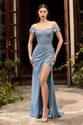 Sexy Off The Shoulder Prom Dress Silk Satin Mermaid Party Dress Lace Embroidery Evening Dress Side Split Christmas Dress Blue