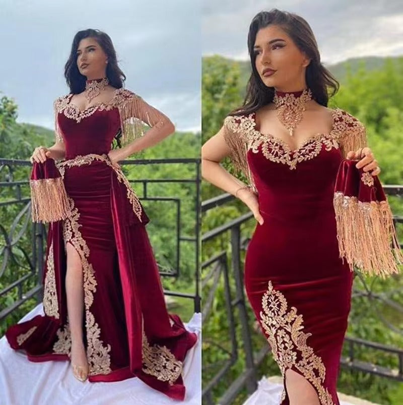 Arabic Mermaid Velvet Evening Dress 4 Pieces Overskirt Split Applique Lace Prom Gowns High Neck Tassel Algerian Outfit