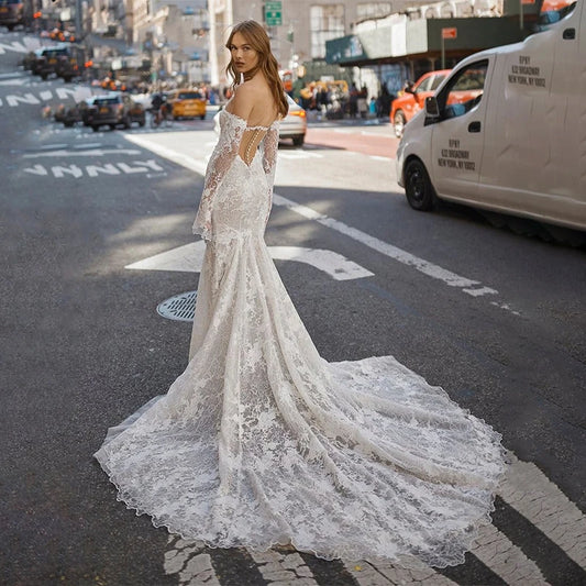 Elegant Mermaid Wedding Dress Strapless Backless Appliques Bride Gown Floor-Length Court Train Vestido De Novia For Women