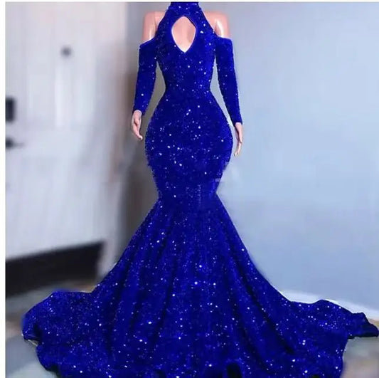 Shiny Sequins Mermaid Prom Dresses Long Sleeves Formal Evening Gown Off the Shoulder Women Special Occasion Dress