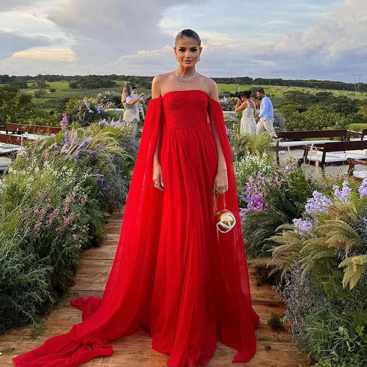 Red Evening Dresses With Draped Sleeves Wedding Guest Dress Pleats Backless Chiffon Party Formal Gown Special Occasion Red