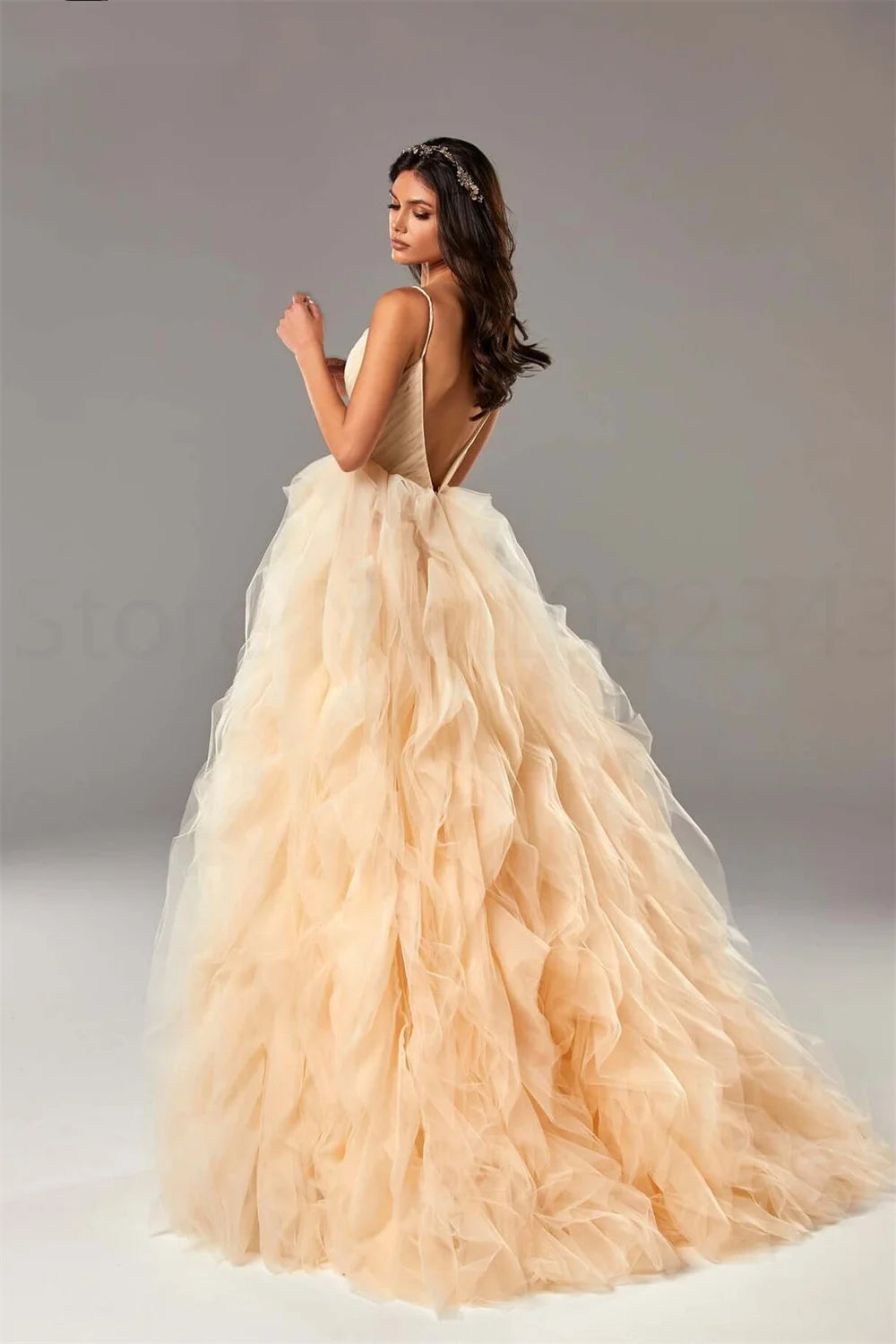 Princess Organza Prom Dress Sexy Spaghetti Straps Evening Dress Elegant Ball فستان سهرة Arabic Women Formal Prom Dress Beige