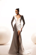 Elegant Long Sleeve Ivory V-Neck Wedding Dresses Mermaid Crepe Zipper Back Sweep Train Bridal Gowns with Slit for Women