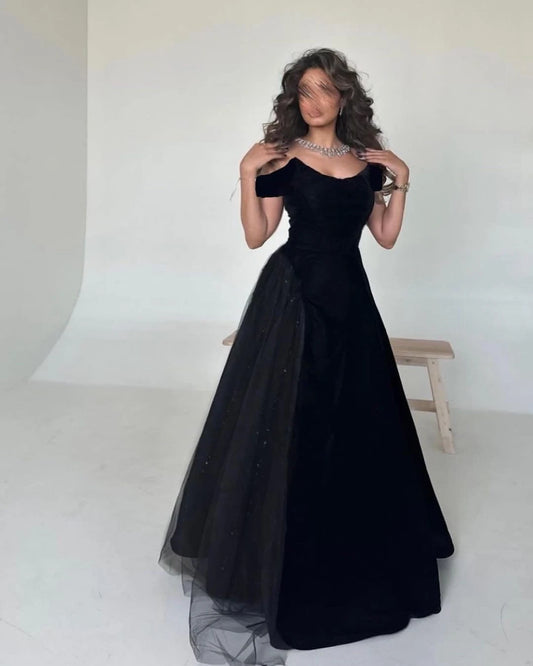 Black Elastic Satin Evening Dress With Glitter Tulle Draped Prom Gowns Prom Dress Saudi Arabic A Line Party Dress