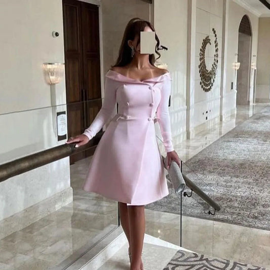 Modern Evening Dresses Outfit Long Sleeves Button Pink Party Gown Wedding Guest Dress Special Occasion Dress As Picture