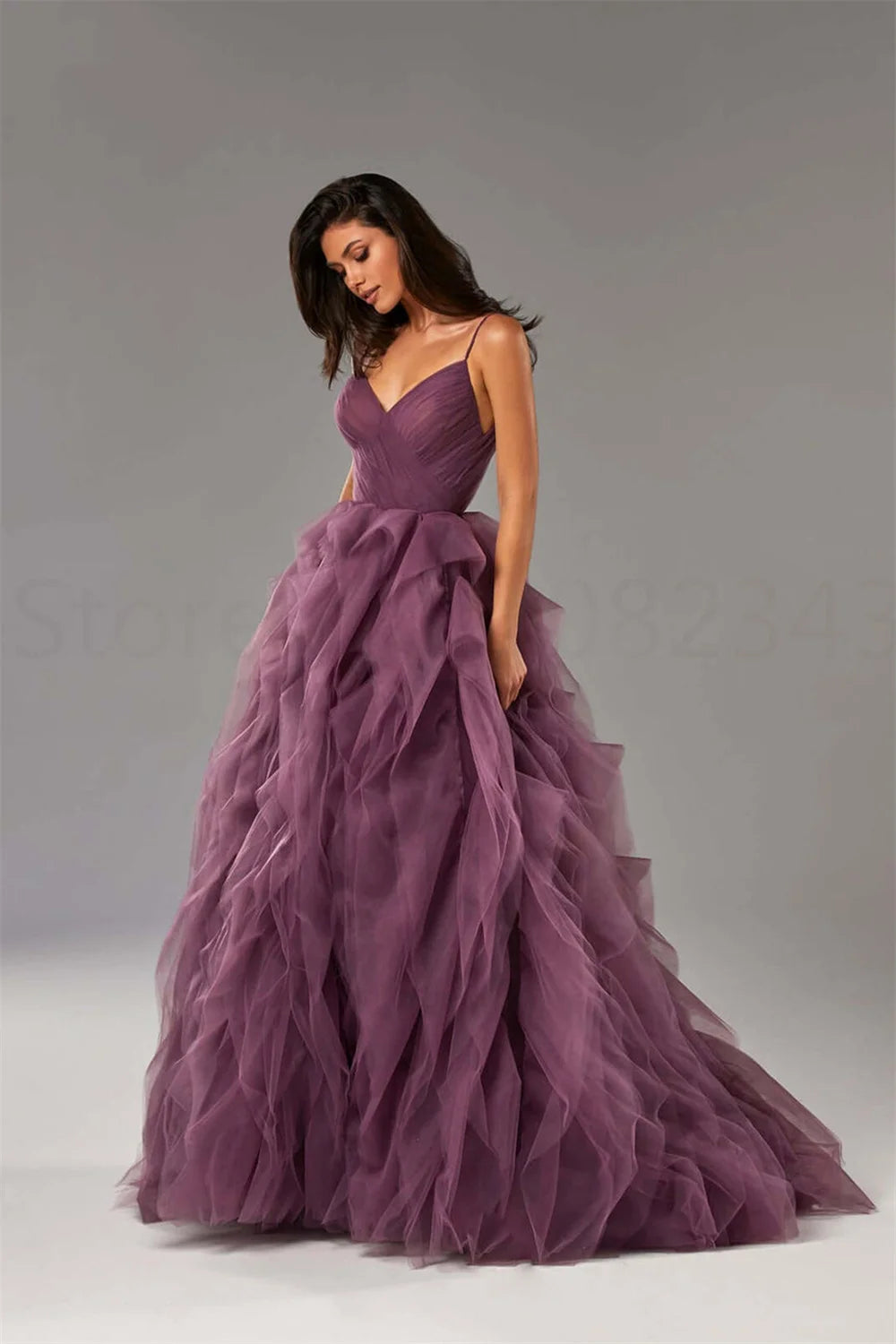 Princess Organza Prom Dress Sexy Spaghetti Straps Evening Dress Elegant Ball فستان سهرة Arabic Women Formal Prom Dress PURPLE