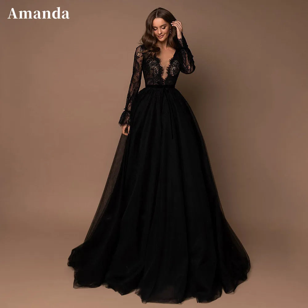 Gothic Black Long Sleeve Prom Dress Sexy Lace A-line Party Dress Shiny Ball Gown Evening Dress V-neck Christmas Dress