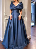 Gorgeous Silk Satin Ball Gown Prom Dress Elegant Dark Blue Evening Dress Off The Shoulder Floor Lenght فستان سهرة