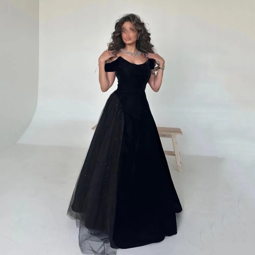 Black Elastic Satin Evening Dress With Glitter Tulle Draped Prom Gowns Prom Dress Saudi Arabic A Line Party Dress