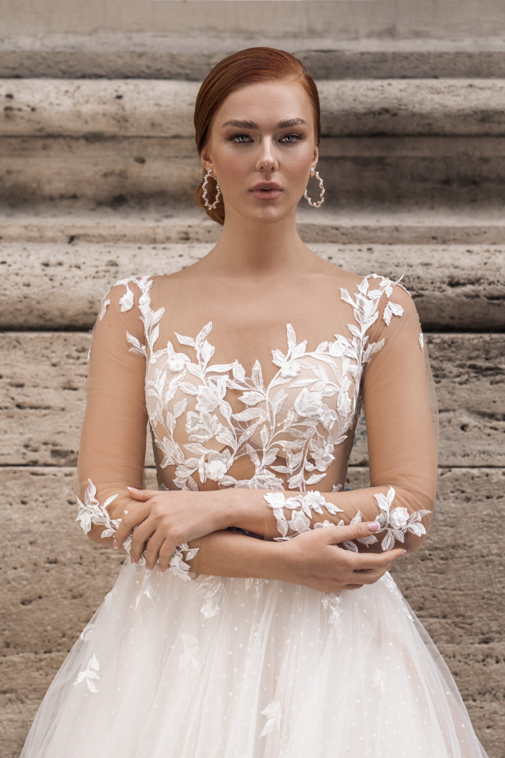 Ethereal A-Line Wedding Gown with Illusion Sleeves, Button Detailing, and a Romantic Puffy Silhouette