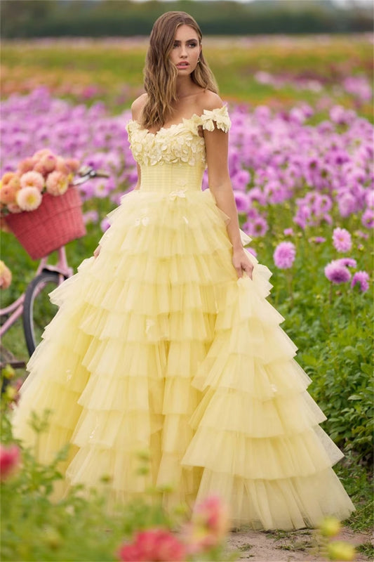 Amanda Spring-vestido de fiesta amarillo claro, hecho a mano, multicapa, vestidos para ocasiones formales, dulce vestido de fiesta hinchado con flores en 3D, 2024