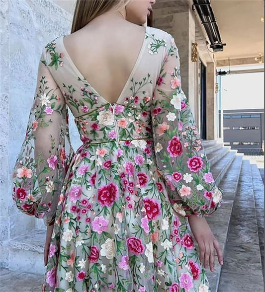 Amanda Elegant Floral Tulle Prom Dresses Long Sleeves V-Neck Lace Appliques A-Line Evening Gown Formal Party Dress 2023