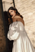 Beach Wedding Gown with Long Sleeves, Open Neckline, No Embellishments, and Natural Waistline