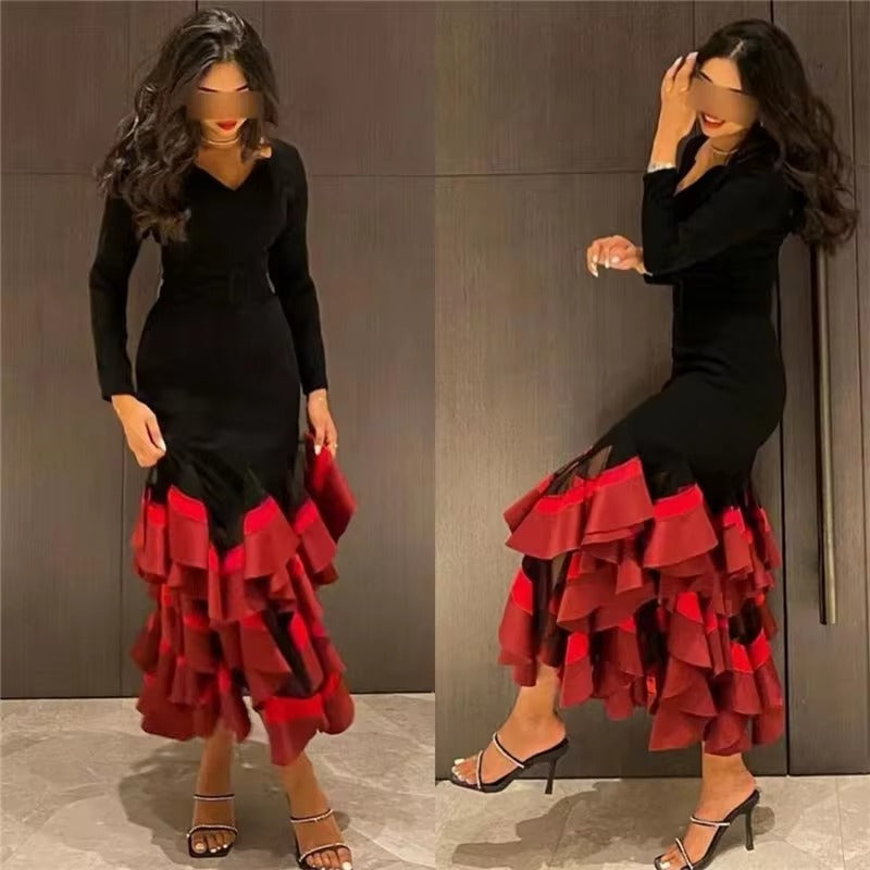 Black Red Mermaid Evening Dresses Women Long Sleeves V-Neck Formal Prom Gowns Ankle-Length Bridesmaid Party Dress