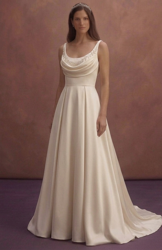 Almond Satin Wedding Dress with Draped Cowl Neckline