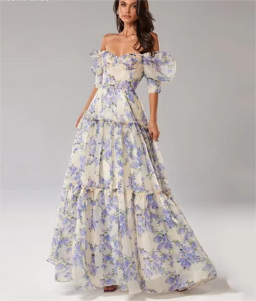 Sansa Sweet فساتين السهرة Blue And White Porcelain Vestidos De Noche Sexy Puffy Sleeve A-line Prom Dress فساتين سهره فاخره