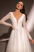 Stunning Long Sleeves V-neck Bridal Grown A Line Princess Wedding Dresses Custom Made