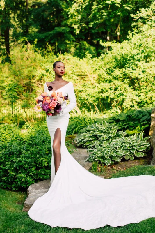 Elegant Mermaid Wedding Gown with Long Sleeves, Sophisticated Boat Neckline, and a Flattering Natural Waist for a Timeless and Graceful Bridal Look