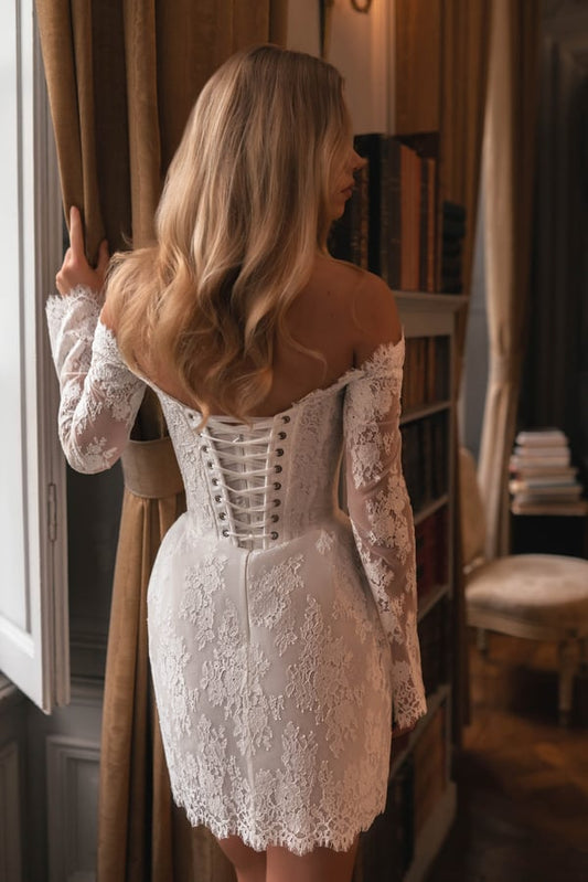 Lace Long Sleeve Wedding Dresses Off Shoulder Short Evening Dress Backless Princess Appliques Bride Gown