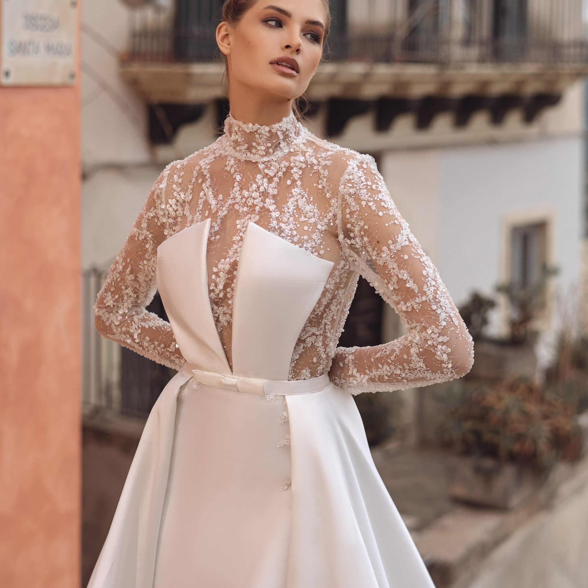 Ethereal A-Line Wedding Gown with Graceful Long Sleeves, a Flattering V-Neckline, and Luxurious Beaded Lace for a Romantic and Timeless Bridal Look