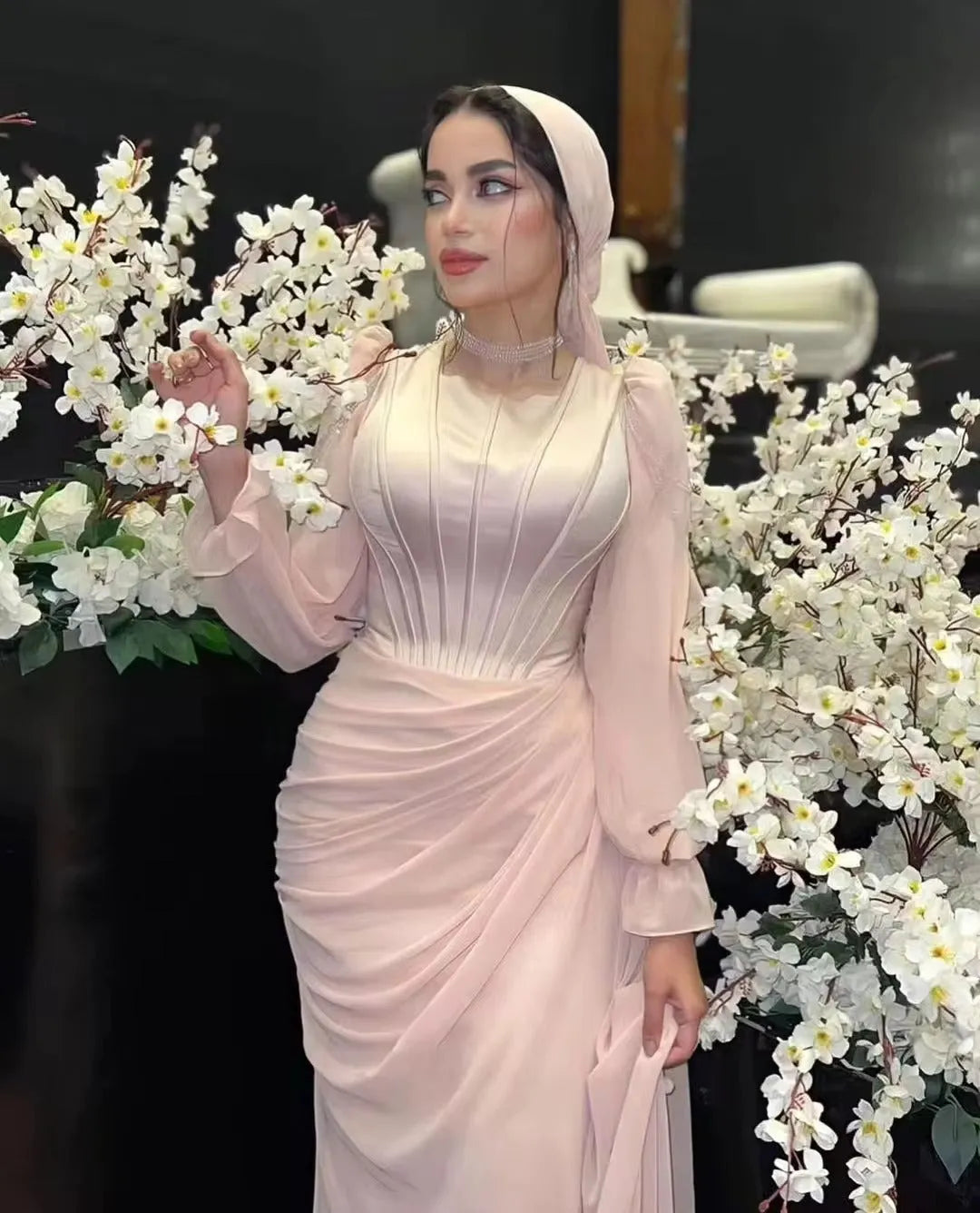Elegant Baby Pink Muslim Arabic Prom Dresses Long Sleeves O-Neck Chiff