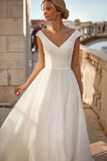 Simple V Neck Short Cap Sleeve Pleat Tulle A Line Wedding Dress For Women Bridal Gowns vestidos de novia robe de mariée