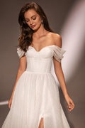 Charming off The shoulder sweetheart Tulle A Line Wedding Dresses side slit Custom Made