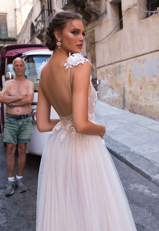 Vestido de novia sin mangas con Apliques de encaje de playa, vestido de novia dividido con cuello en V, vestido de novia Sexy de línea A para vestidos de fiesta de boda