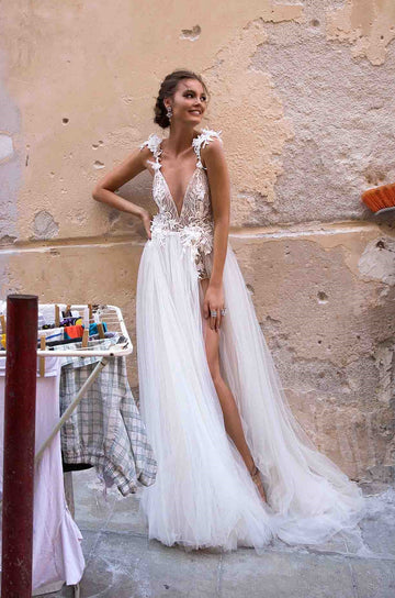 Applique in pizzo da spiaggia abito da sposa senza manico