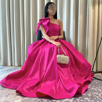 Hot Pink One Shoulder فساتين السهرة A-line Satin Floor-Length Prom Dresses Elegant Sleeveless Empire Waist Formal Evening