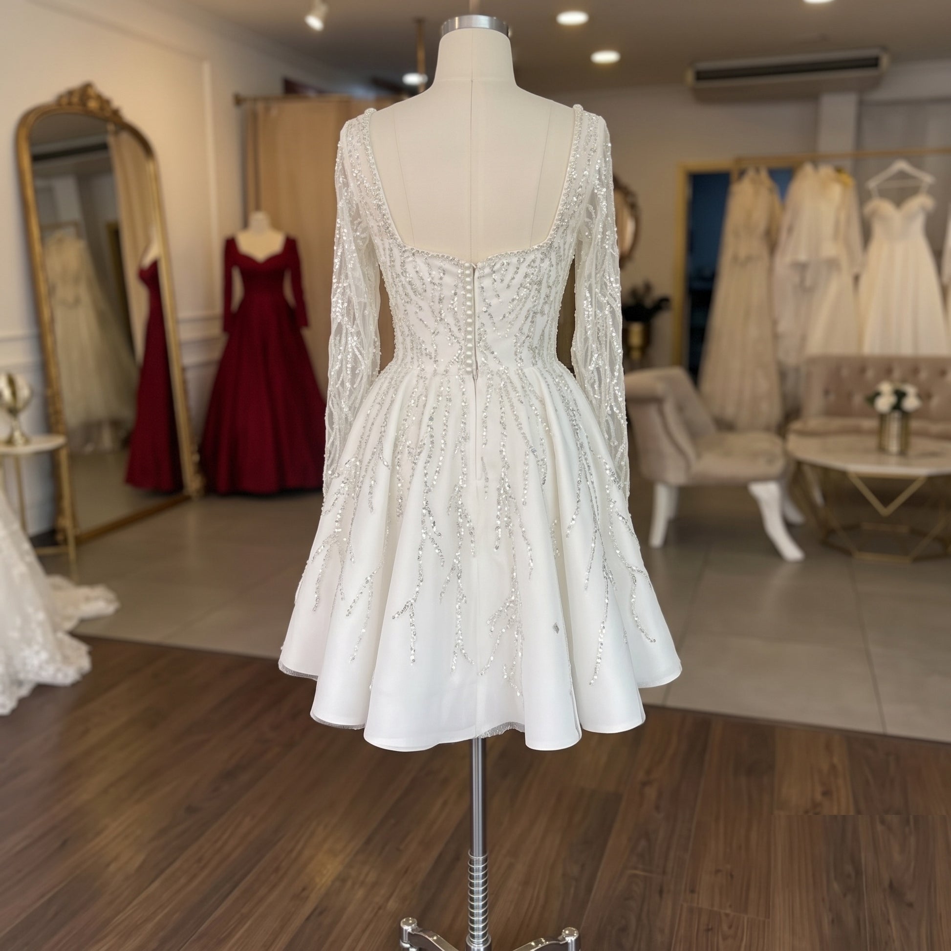 Luxury A-Line Short Wedding Dress with Sequin Lace Fabric, Long Sleeves, and Sweetheart Neckline