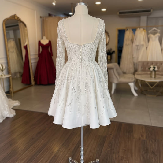 Luxury A-Line Short Wedding Dress with Sequin Lace Fabric, Long Sleeves, and Sweetheart Neckline