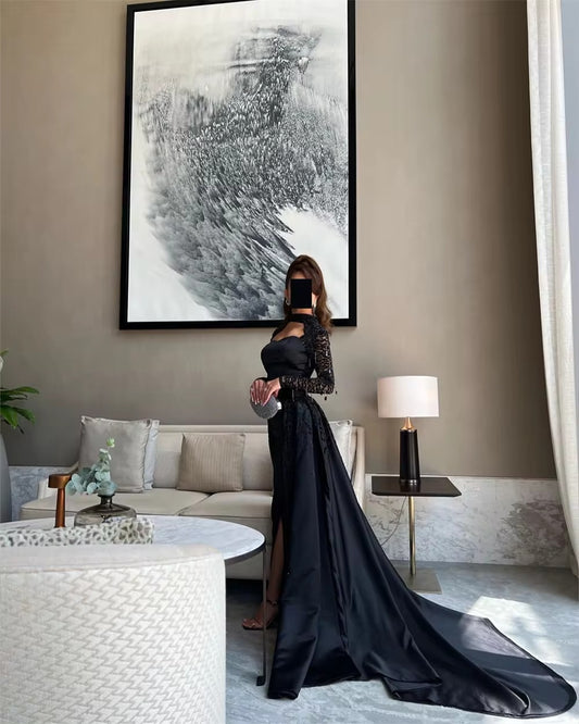 Noble Saudi Black Prom Dress A-Line Strapless Long Sleeves Sequined Floor Length Party Dresses vestidos de graduación