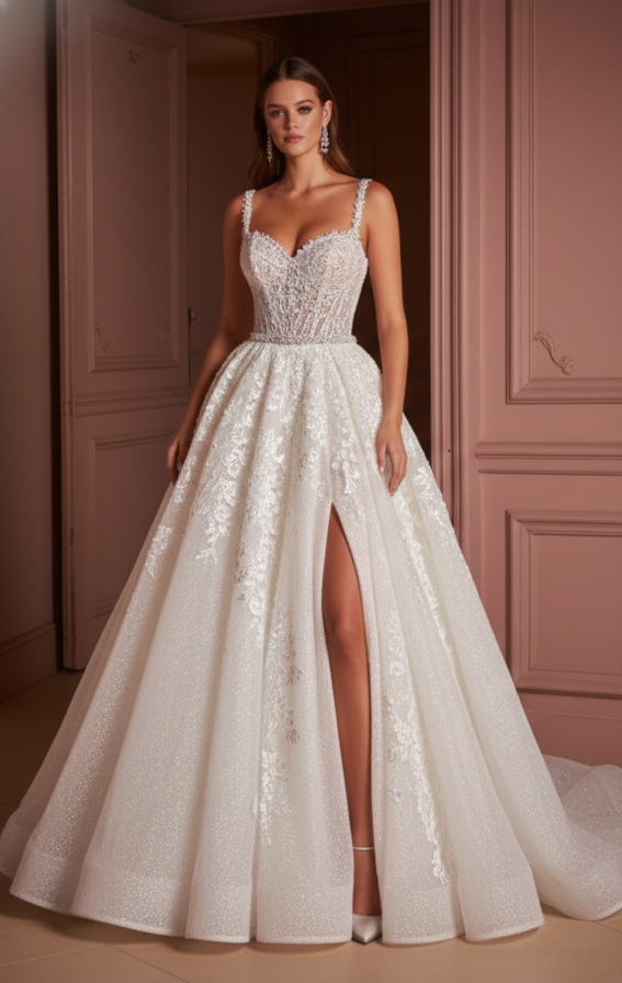 Ball Gown Sleeve Wedding Dress Classic Long Tulle Bridal Look