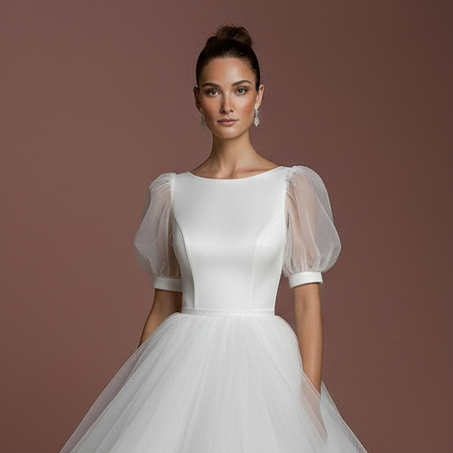 Ball Gown Sleeve Wedding Dress Classic Short Tulle Bridal Look