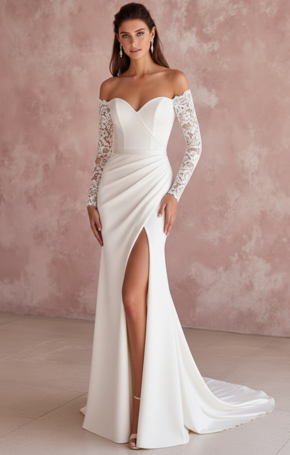 Beaded Sleeve Wedding Dress Simple Long Classic Bridal Wear