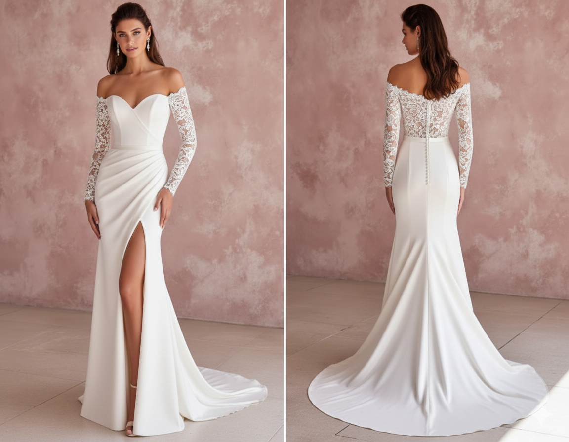 Beaded Sleeve Wedding Dress Simple Long Classic Bridal Wear